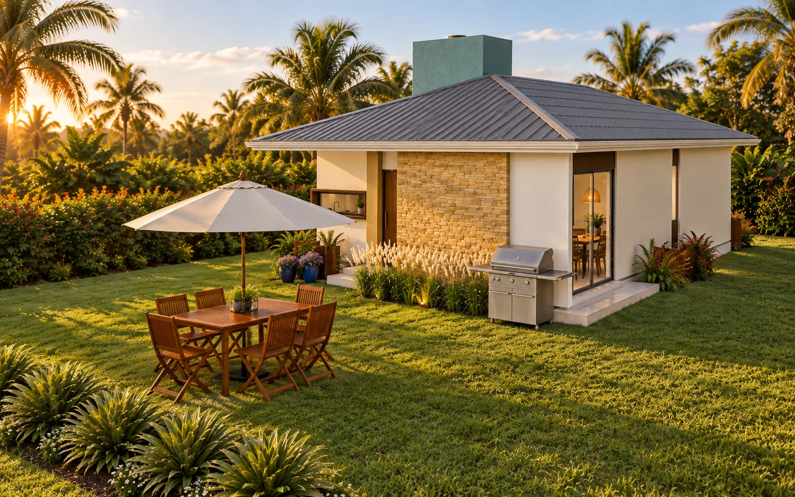 Casa de techo inclinado de El Manantial, rodeada de un jardín al atardecer